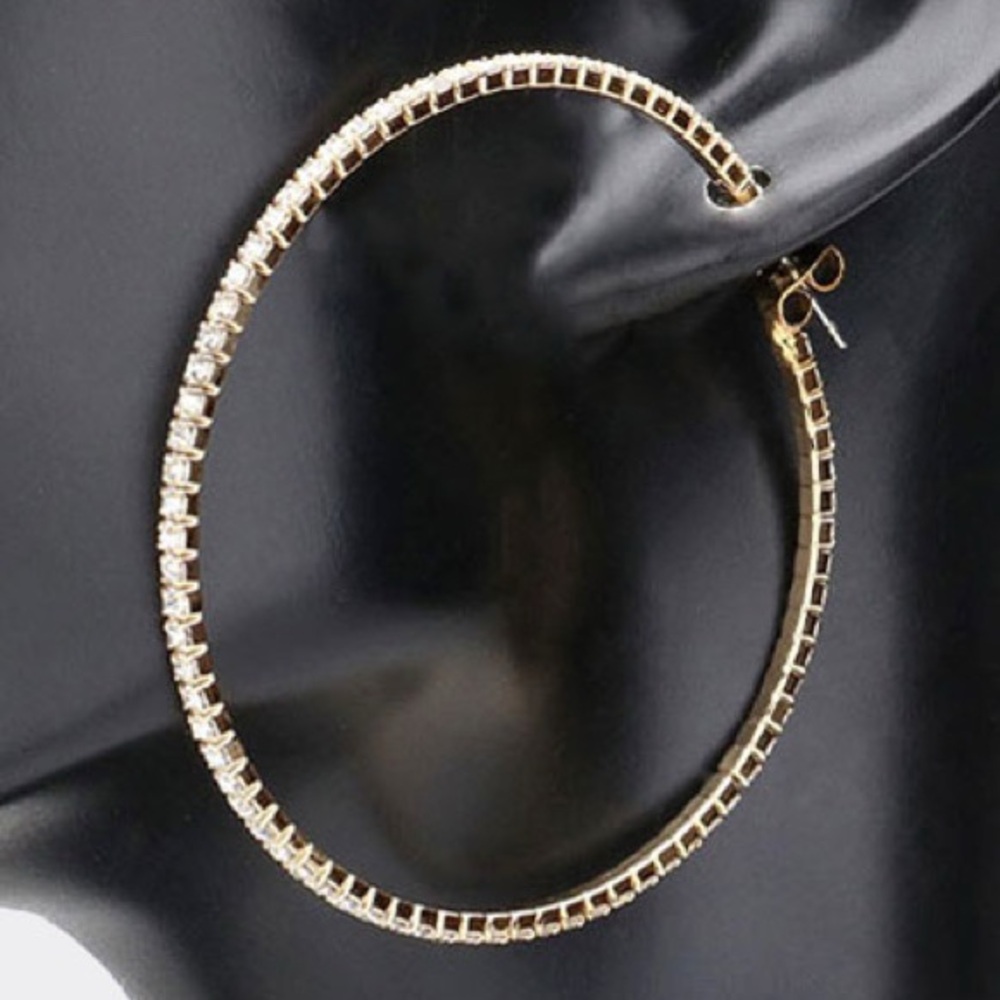 2.2" Long BLING Pave Set SPARKLE Crystal rhinestone cz Hoop Earrings Yellow Gold